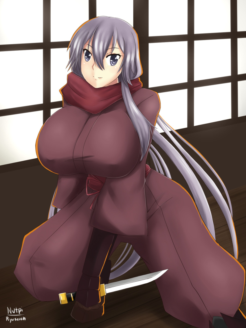 1girl breasts dragon_yukano gloves highres huge_breasts lavender_hair long_hair looking_at_viewer ninja ninja_slayer ninjatou nuypiya_hehasuk scarf short_sword signature sitting sliding_doors smile solo sword vambraces very_long_hair violet_eyes wariza weapon wooden_floor