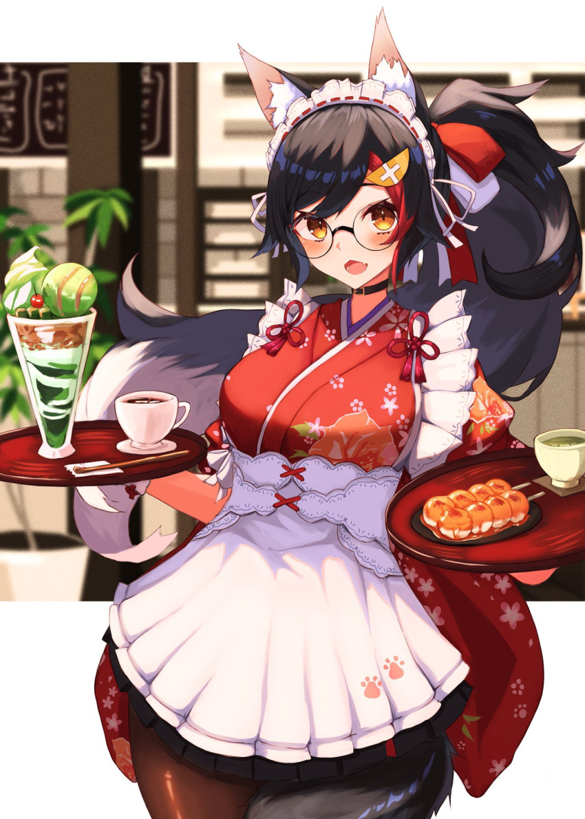 1girl animal_ear_fluff animal_ears apron bangs black_hair black_skirt blurry blurry_background blush breasts brown_legwear cherry coffee_cup commentary cowboy_shot cup dango disposable_cup eyebrows_visible_through_hair fang floating_hair floral_print flower_knot food fruit glasses hair_ornament highres holding holding_tray hololive ice_cream inre_kemomimi japanese_clothes kimono long_hair looking_at_viewer maid_apron maid_headdress medium_breasts miniskirt mitarashi_dango multicolored_hair official_alternate_costume ookami_mio open_mouth orange_eyes pantyhose paw_print paw_print_pattern pleated_skirt ponytail red_kimono redhead round_eyewear skirt smile solo standing streaked_hair sundae swept_bangs tail tail_around_leg teacup tray underbust virtual_youtuber wagashi whipped_cream white_hair wolf_ears wolf_girl wolf_tail