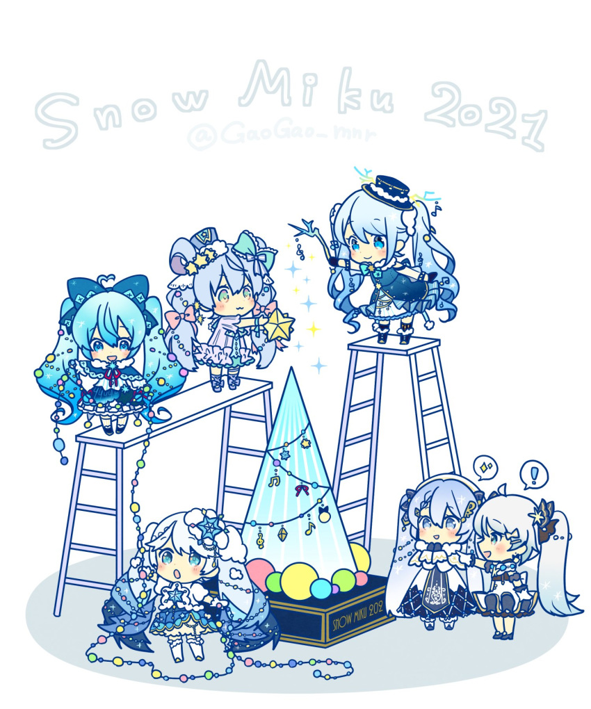 ! 6+girls aqua_bow asagao_minoru beamed_eighth_notes black_headwear blue_bow blue_capelet blue_dress borrowed_design bow bowtie branch capelet chibi christmas_lights christmas_tree commentary dress eighth_note frilled_dress frills fur-trimmed_capelet fur-trimmed_headwear fur_trim gradient_hair hair_bow hair_ornament hatsune_miku highres holding_branch holding_star ladder light_blue_eyes light_blue_hair long_hair mini_shako_cap multicolored_hair multiple_girls multiple_persona musical_note open_mouth pink_bow pink_dress pointing scaffolding snowflake_print sparkle spoken_exclamation_mark spoken_sparkle star_ornament string_of_light_bulbs treble_clef tree twintails very_long_hair vocaloid white_hair yuki_miku
