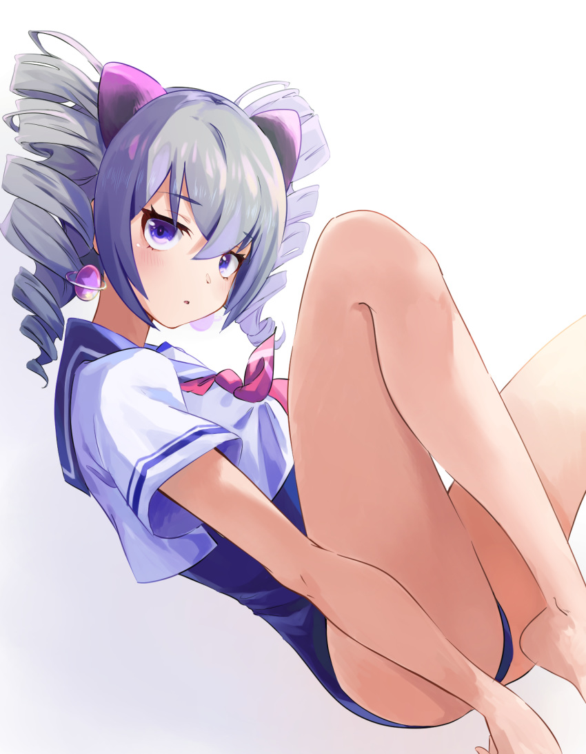 1girl bangs bare_legs blue_eyes bow bronya_zaychik commentary crop_top crossed_bangs drill_hair earrings hair_bow highres honkai_(series) honkai_impact_3rd jewelry legs long_hair looking_at_viewer neckerchief one-piece_swimsuit parted_lips sailor_collar school_swimsuit sidelocks silver_hair simple_background sitting solo swimsuit swimsuit_under_clothes twin_drills yamabuki0