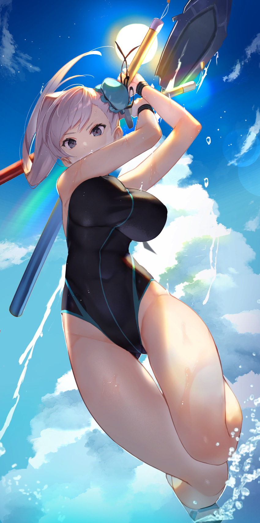 1girl absurdres arms_up asymmetrical_hair bangs black_swimsuit black_wristband blue_eyes blue_sky blue_swimsuit breasts bun_cover covered_navel fate/grand_order fate_(series) hair_bun highleg highleg_swimsuit highres jet_ski large_breasts long_hair looking_at_viewer miyamoto_musashi_(fate/grand_order) miyamoto_musashi_(swimsuit_berserker)_(fate) multicolored multicolored_clothes multicolored_swimsuit one-piece_swimsuit pink_hair side_bun sky sukocchi sunlight swept_bangs swimsuit thighs toy_sword two-tone_swimsuit water