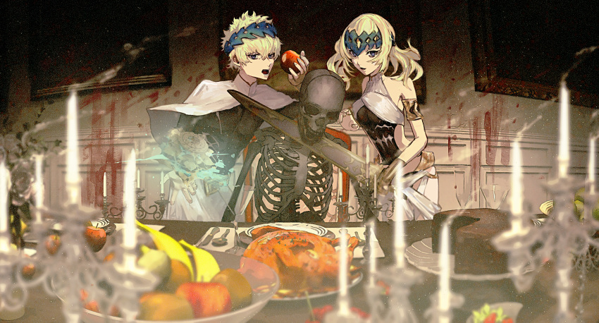 1boy 1girl absurdres apple armlet banana bangs bare_shoulders black_shirt blonde_hair blood blood_splatter bloody_weapon blue_eyes bracer breasts brother_and_sister candle capelet castor_(fate/grand_order) chicken_(food) collar diadem eating fate/grand_order fate_(series) food fruit highres huge_filesize kiwifruit knife looking_at_viewer medium_hair metal_collar open_mouth painting_(object) plate pollux_(fate/grand_order) shin'i_(shini777) shirt short_hair siblings skeleton small_breasts smile smoke spoon twins weapon white_robe