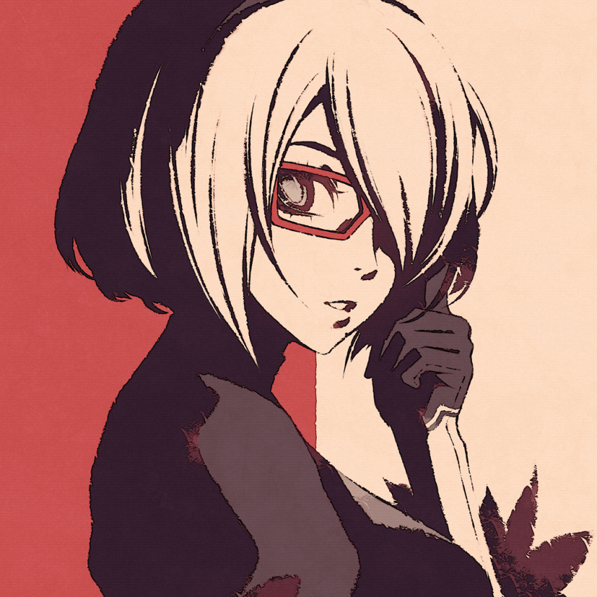 bangs black_dress black_gloves bob_cut dress from_side glasses gloves hair_over_one_eye hand_on_own_head looking_back looking_to_the_side mole mole_under_mouth monochrome moshimoshibe nier_(series) nier_automata parted_lips red-framed_eyewear red_background short_hair swept_bangs white_background white_hair yorha_no._2_type_b