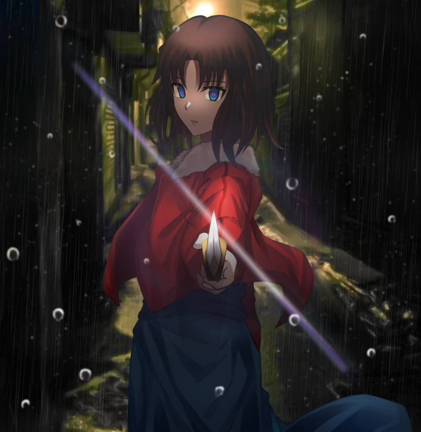1girl blue_eyes blue_kimono brown_hair doragonboll0127 from_side fur-trimmed_jacket fur_trim hair_intakes highres holding holding_knife jacket japanese_clothes kara_no_kyoukai kimono knife long_sleeves looking_at_viewer night open_clothes open_jacket open_mouth outdoors rain red_jacket ryougi_shiki short_hair solo standing
