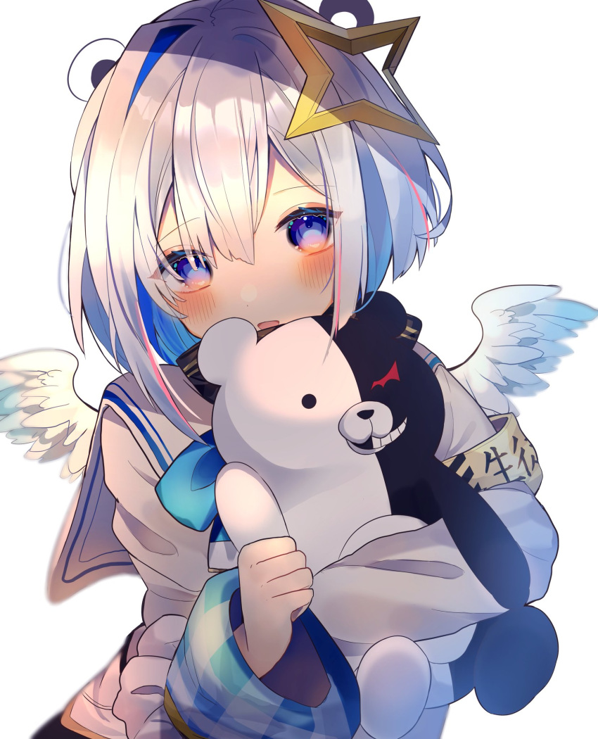 1girl amane_kanata angel_wings animal_ears armband bangs bear_ears blue_eyes blue_hair blush chikuwa_(tikuwaumai_) clenched_hand commentary dangan_ronpa eyebrows_visible_through_hair eyes_visible_through_hair hair_ornament head_tilt highres holding holding_stuffed_animal hololive long_sleeves looking_at_viewer monokuma multicolored_hair open_mouth pink_hair school_uniform serafuku silver_hair simple_background smile smirk solo star_(symbol) star_hair_ornament stuffed_animal stuffed_toy symbol_commentary translation_request two-tone_hair virtual_youtuber white_background wings