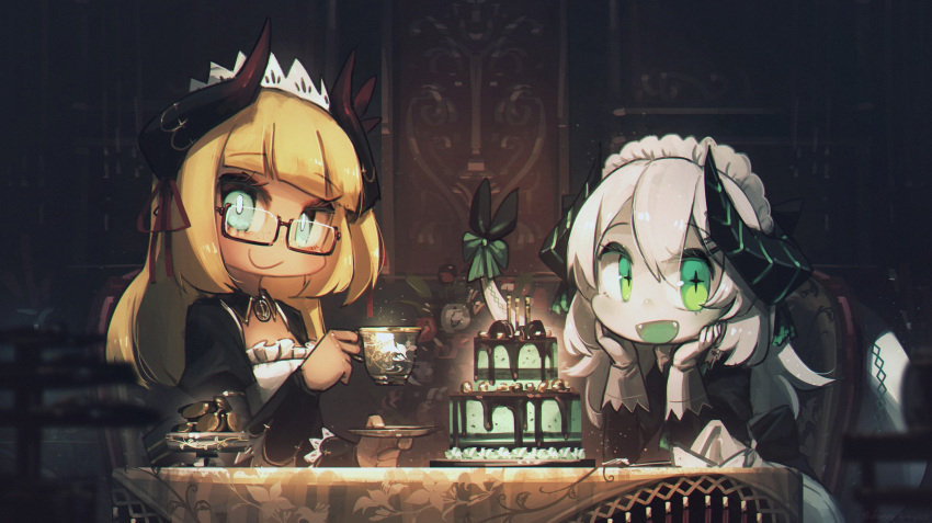 2girls :d aqua_eyes bangs black_dress blonde_hair borrowed_character bow cake chair chibi chocolate_mint cup dragon_horns dress elbow_rest fangs food gloves green_bow green_eyes green_tongue hair_ribbon hands_on_own_cheeks hands_on_own_face highres holding holding_cup holding_plate horns juliet_sleeves long_hair long_sleeves looking_at_viewer maid_headdress multiple_girls open_mouth original plate porforever puffy_sleeves red_ribbon ribbon sitting smile table tablecloth tail tail_bow teacup white_gloves white_hair white_skin