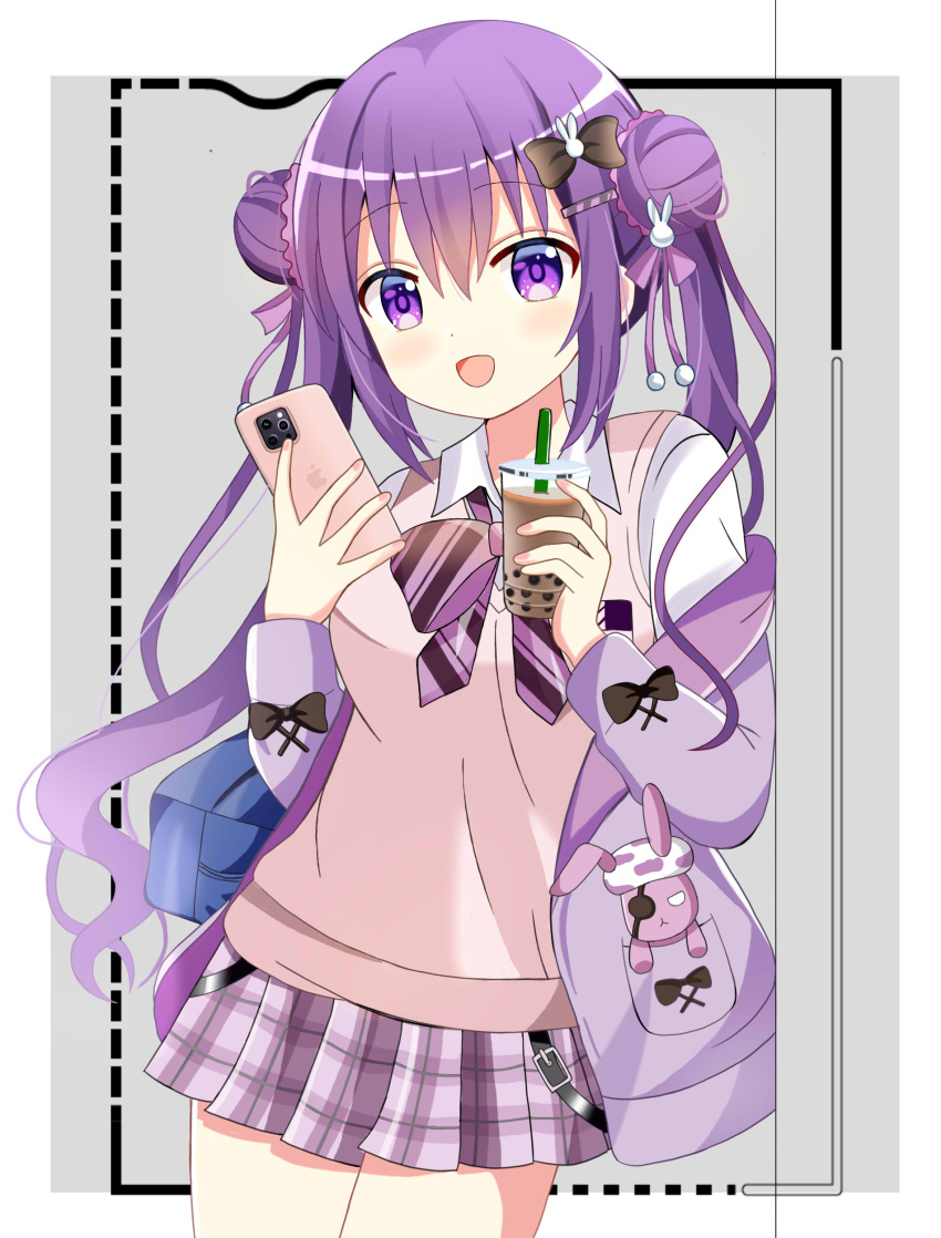 1girl absurdres bag bangs breasts bubble_tea cellphone collared_shirt commentary_request cup diagonal-striped_bow disposable_cup dotted_line double_bun drinking_straw gochuumon_wa_usagi_desu_ka? grey_background hair_between_eyes hair_bun hands_up highres holding holding_cup holding_phone jacket long_hair long_sleeves medium_breasts off_shoulder open_clothes open_jacket phone pink_skirt plaid plaid_skirt pleated_skirt purple_hair purple_jacket ryoutan school_bag school_uniform shirt skirt solo sweater_vest tedeza_rize twintails two-tone_background very_long_hair violet_eyes white_background white_shirt