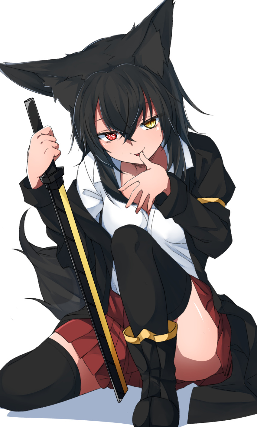 1girl absurdres animal_ears black_hair boots finger_licking fox_tail heterochromia highres jacket kurousagi_tetora licking long_hair long_sleeves looking_at_viewer miniskirt one_knee original pleated_skirt red_eyes shirt skirt smile sword tail thigh-highs tongue tongue_out weapon white_shirt yellow_eyes zettai_ryouiki