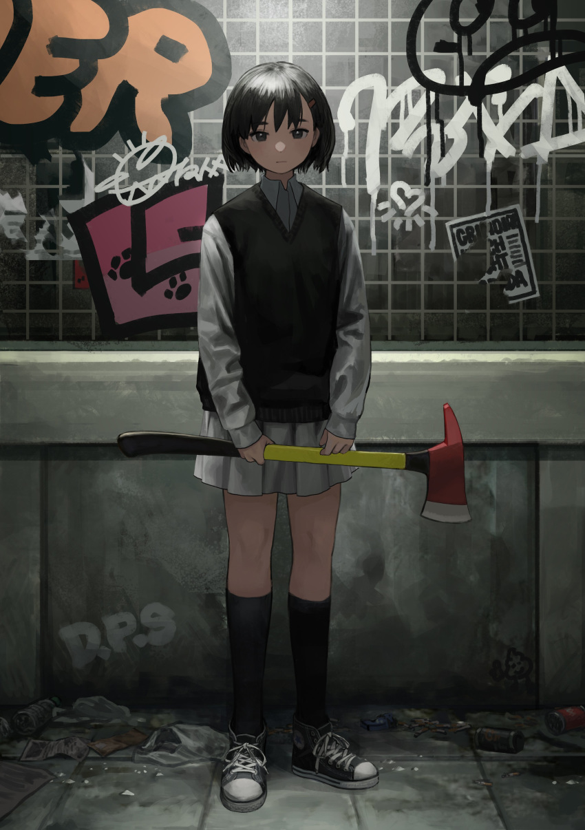 1girl absurdres axe bangs black_footwear black_hair black_legwear brown_eyes can closed_mouth collared_shirt converse dress_shirt expressionless eyebrows_visible_through_hair fire_axe full_body graffiti grey_shirt grey_skirt highres holding holding_axe indoors kneehighs long_sleeves looking_at_viewer original pleated_skirt sara_manta shirt shoes short_hair skirt sleeves_past_wrists sneakers solo standing sweater_vest vest