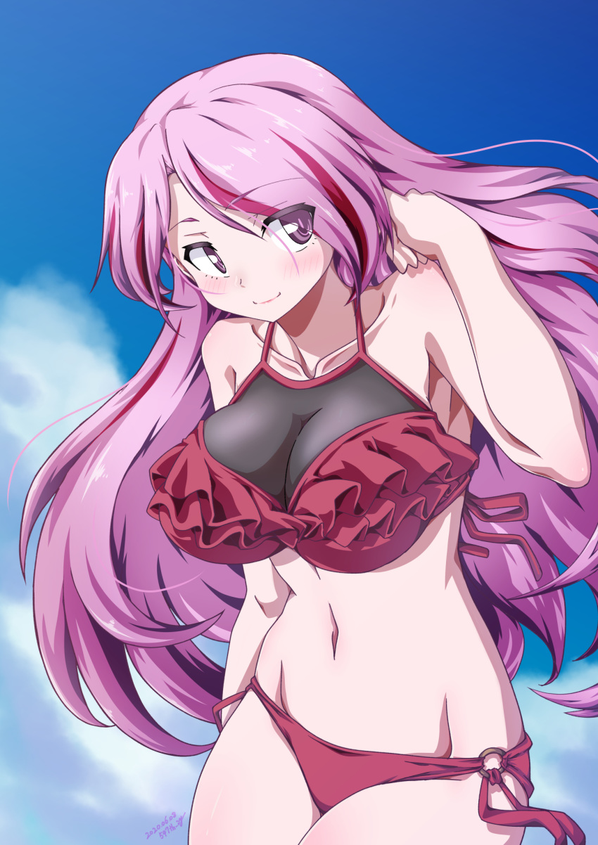 1girl 547th_sy artist_name bikini blue_sky breasts clouds collarbone commentary_request cowboy_shot dated diomedea frilled_bikini frills groin highres kadokawa_games kantai_collection large_breasts long_hair looking_at_viewer luigi_di_savoia_duca_degli_abruzzi_(kantai_collection) multicolored_hair navel o-ring o-ring_bikini o-ring_bottom pink_eyes pink_hair red_bikini redhead sky smile solo standing streaked_hair swimsuit