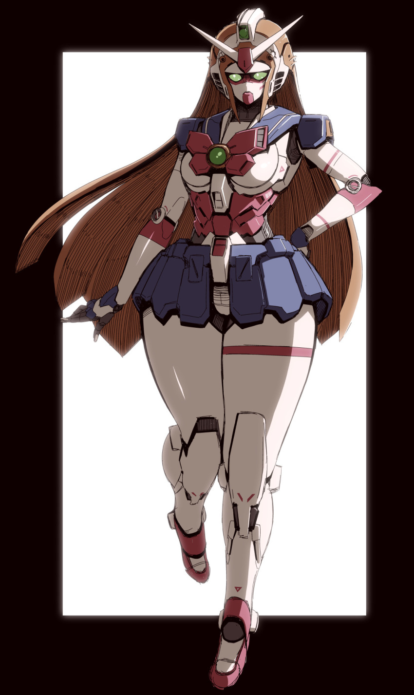 1girl breasts brown_hair closed_eyes curvy g_gundam gem green_eyes gundam hand_on_hip highres kazumi_yoshiyuki long_hair mecha nobel_gundam plump red_neckwear solo