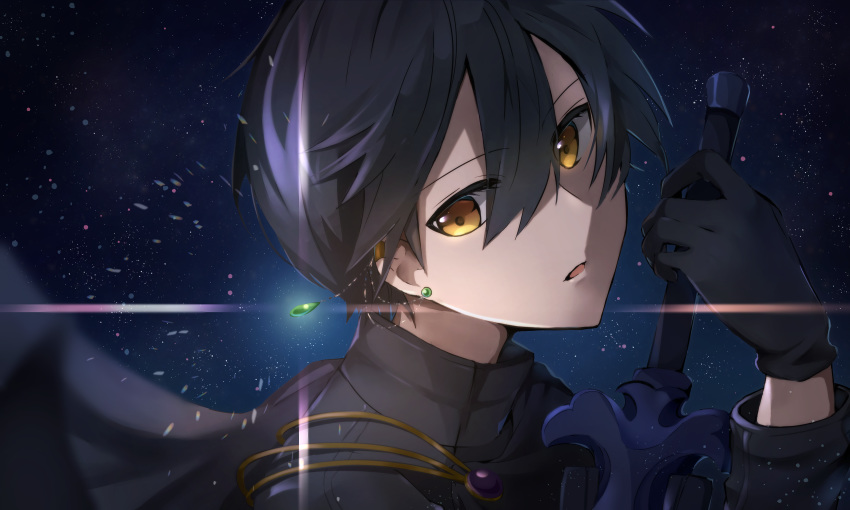 1boy absurdres bangs black_gloves black_hair earrings eyebrows_visible_through_hair gloves hair_between_eyes highres holding holding_sword holding_weapon jewelry kirito looking_at_viewer male_focus midnight8sky motion_blur open_mouth portrait solo sword sword_art_online weapon yellow_eyes
