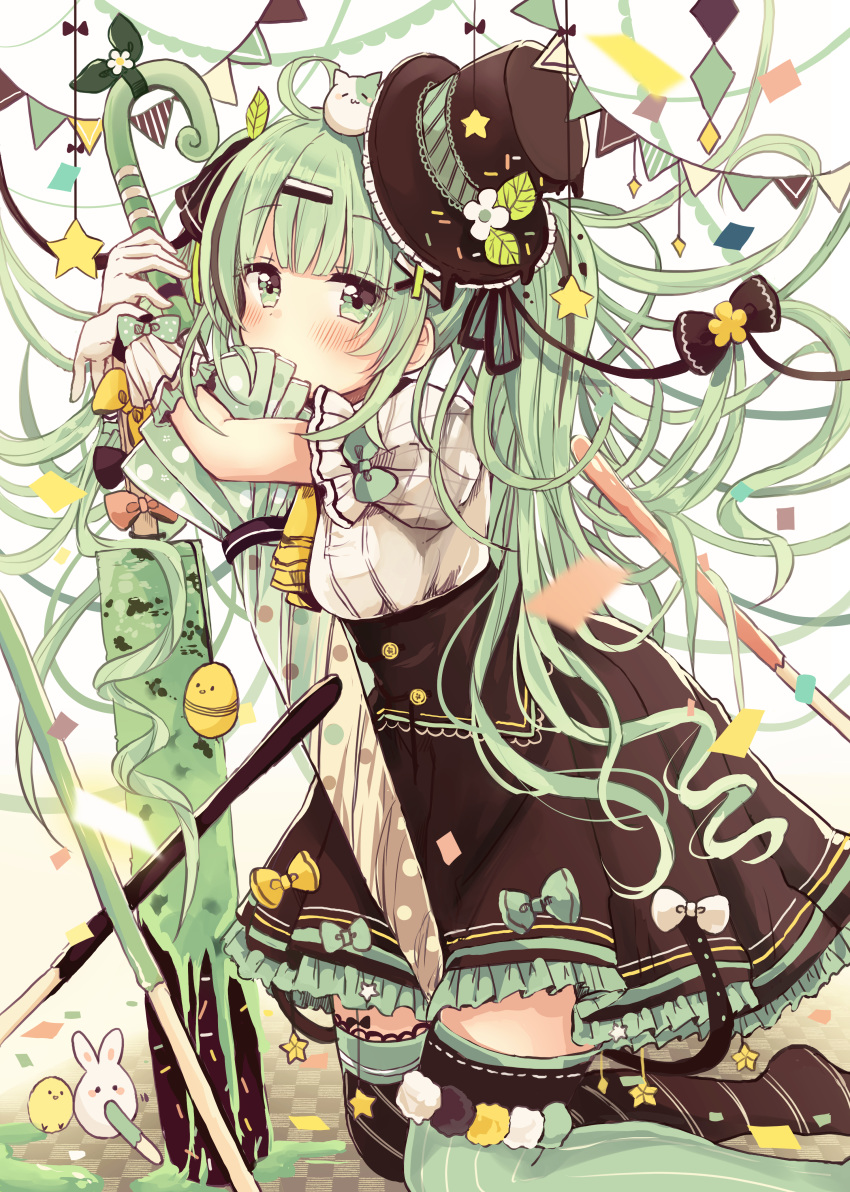 1girl absurdres ahoge black_bow black_headwear black_legwear black_ribbon black_skirt blush bow breasts brown_background closed_umbrella commentary_request covered_mouth flower food frilled_skirt frills gloves gradient gradient_background green_bow green_eyes green_hair green_legwear green_umbrella hair_ornament hair_ribbon hairclip hands_up hat highres ice_cream kneeling long_hair looking_at_viewer mismatched_legwear original pennant personification puffy_short_sleeves puffy_sleeves ribbon sakura_oriko shirt short_sleeves skirt small_breasts solo string_of_flags thigh-highs top_hat twintails umbrella very_long_hair white_background white_bow white_flower white_gloves white_shirt x_hair_ornament