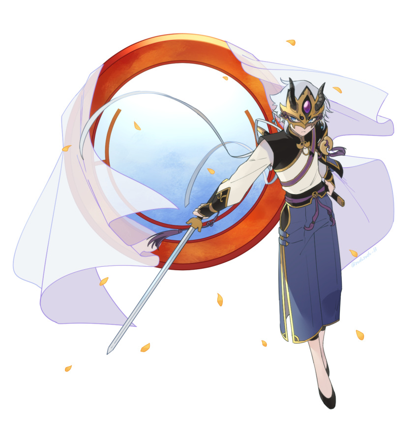 1boy blue_eyes chinese_clothes fate/grand_order fate_(series) fingerless_gloves full_body gao_changgong_(fate) gloves highres holding horned_mask jewelry long_sleeves looking_at_viewer male_focus mask mirror petals rozu_ki side_cutout silver_hair simple_background solo sword weapon white_background