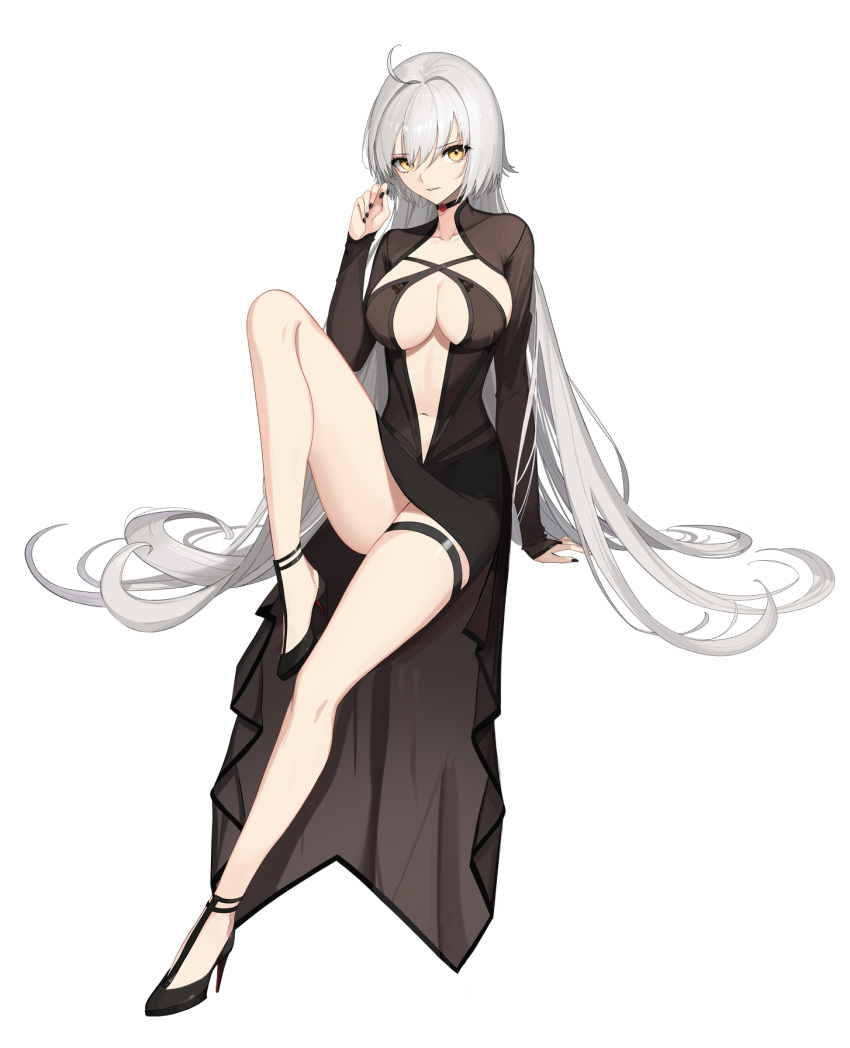 1girl ahoge akai2930 black_dress black_nails breasts choker commentary_request dress fate/grand_order fate_(series) full_body grey_hair high_heels highres jeanne_d'arc_(alter)_(fate) jeanne_d'arc_(fate)_(all) large_breasts long_hair looking_at_viewer nail_polish navel parted_lips sitting solo thigh_strap very_long_hair white_background yellow_eyes