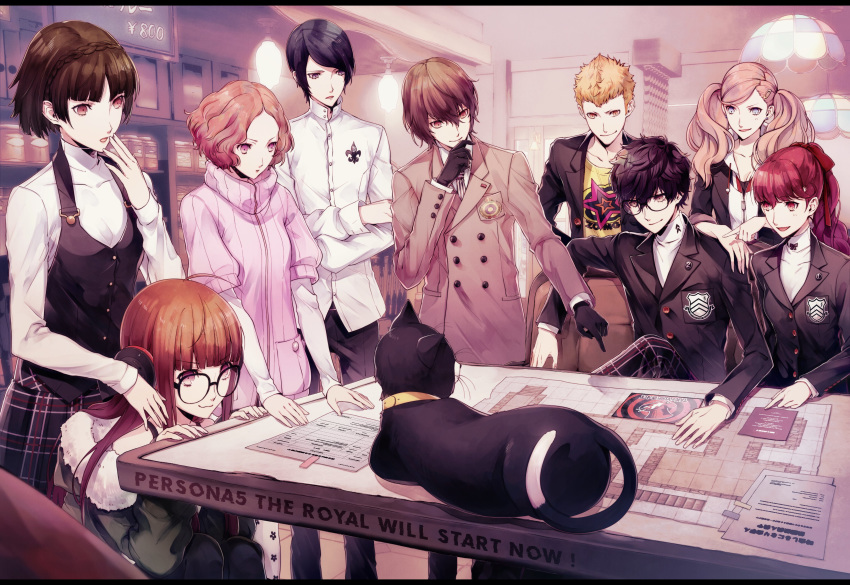 4boys 5girls absurdres akechi_gorou amamiya_ren black_hair blonde_hair braid brown_hair everyone eyebrows_visible_through_hair glasses gloves hair_between_eyes hair_ornament hairclip headphones highres jacket kitagawa_yuusuke morgana_(persona_5) multiple_boys multiple_girls niijima_makoto okumura_haru orange_hair persona persona_5 persona_5_the_royal ponytail redhead sakamoto_ryuuji sakura_futaba shirt short_hair takamaki_anne twintails white_shirt yoshizawa_kasumi yue_080