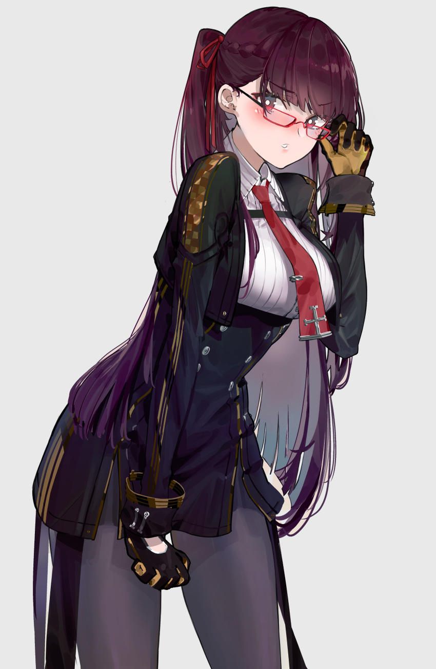 1girl absurdres bangs bespectacled blunt_bangs blush breasts eyebrows_visible_through_hair girls_frontline glasses gloves grey_background hair_ribbon highres kazukingu long_hair long_sleeves medium_breasts necktie one_side_up pantyhose purple_hair purple_legwear red-framed_eyewear red_eyes red_neckwear ribbon simple_background solo wa2000_(girls_frontline)