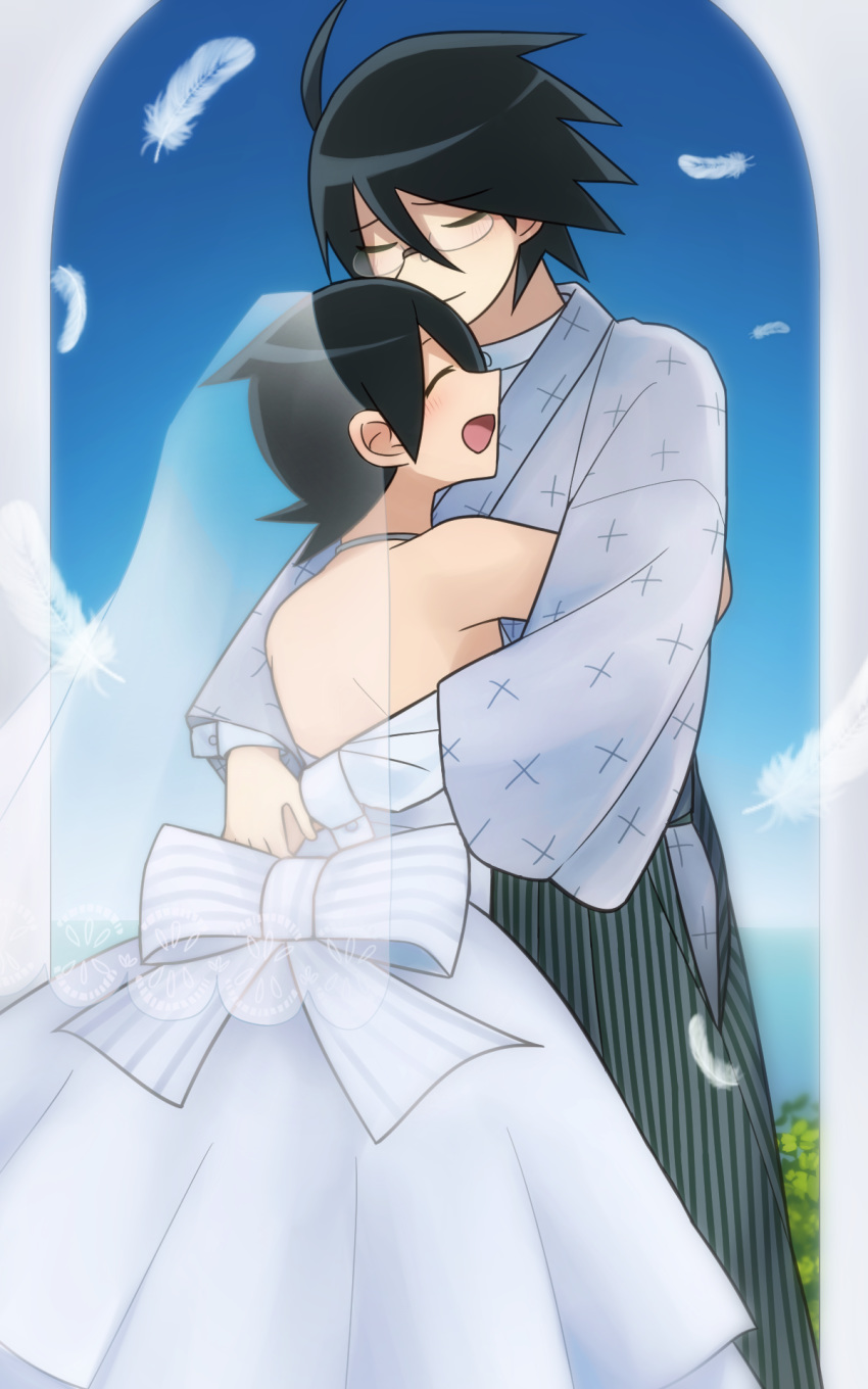 1boy 1girl :d ^_^ arms_around_back arms_around_waist backless_dress backless_outfit bare_arms bare_back bare_shoulders black_hair blue_sky blush bush closed_eyes closed_mouth day dress eyebrows_visible_through_hair facing_away feathers fuura_kafuka glasses grey_hakama hair_between_eyes hakama happy hetero highres hug itoshiki_nozomu japanese_clothes kimono leaf magusagari open_mouth outdoors ribbon sayonara_zetsubou_sensei semi-rimless_eyewear shaded_face short_hair sky smile strapless strapless_dress striped striped_ribbon very_short_hair wedding_dress white_dress white_kimono white_ribbon