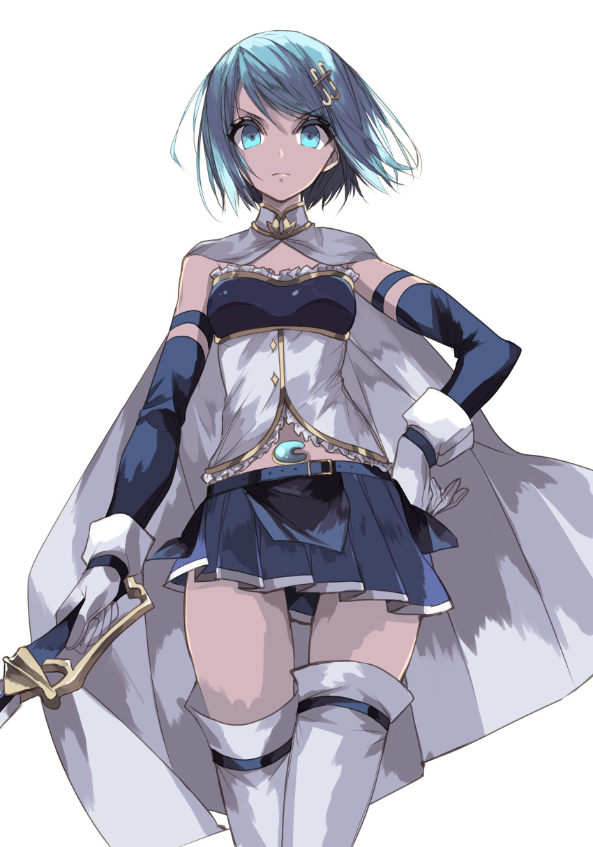 1girl absurdres blue_eyes blue_hair breasts capelet cloak detached_sleeves expressionless gloves hand_on_hip highres looking_at_viewer mahou_shoujo_madoka_magica midriff miki_sayaka misteor musical_note_hair_ornament saber_(weapon) short_hair small_breasts solo sword thigh-highs thighs weapon white_background white_capelet white_gloves white_legwear zettai_ryouiki