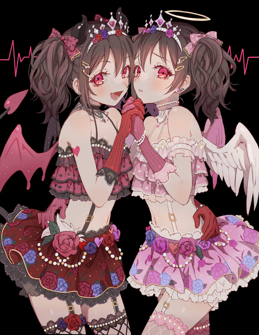 1girl absurdres angel_wings bangs bare_shoulders black_choker black_hair black_legwear blush bow brown_gloves choker commentary_request dark_background demon_horns demon_tail demon_wings floral_print frills frown gloves hair_bow hair_ornament halo hari. heart highres horns huge_filesize io_(sinking=carousel) long_hair looking_at_viewer love_live! love_live!_school_idol_project multiple_views open_mouth pink_bow pink_eyes pink_legwear pink_skirt red_bow red_eyes red_gloves red_skirt simple_background skirt smile tail thigh-highs twintails wings yazawa_nico