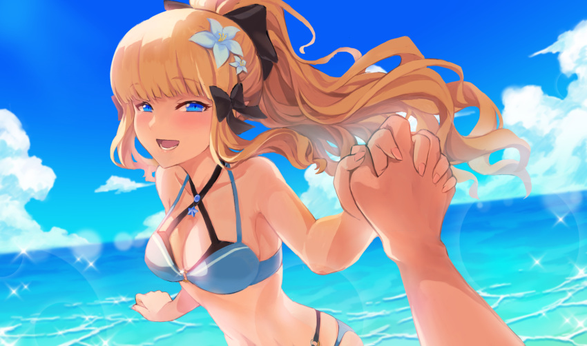 1girl bangs bikini black_bow blonde_hair blue_eyes bow breasts elf eyebrows_visible_through_hair flower hair_bow hair_flower hair_ornament highres large_breasts long_hair looking_at_viewer navi_(ivan) open_mouth pointy_ears ponytail princess_connect! princess_connect!_re:dive saren_(princess_connect!) smile solo swimsuit
