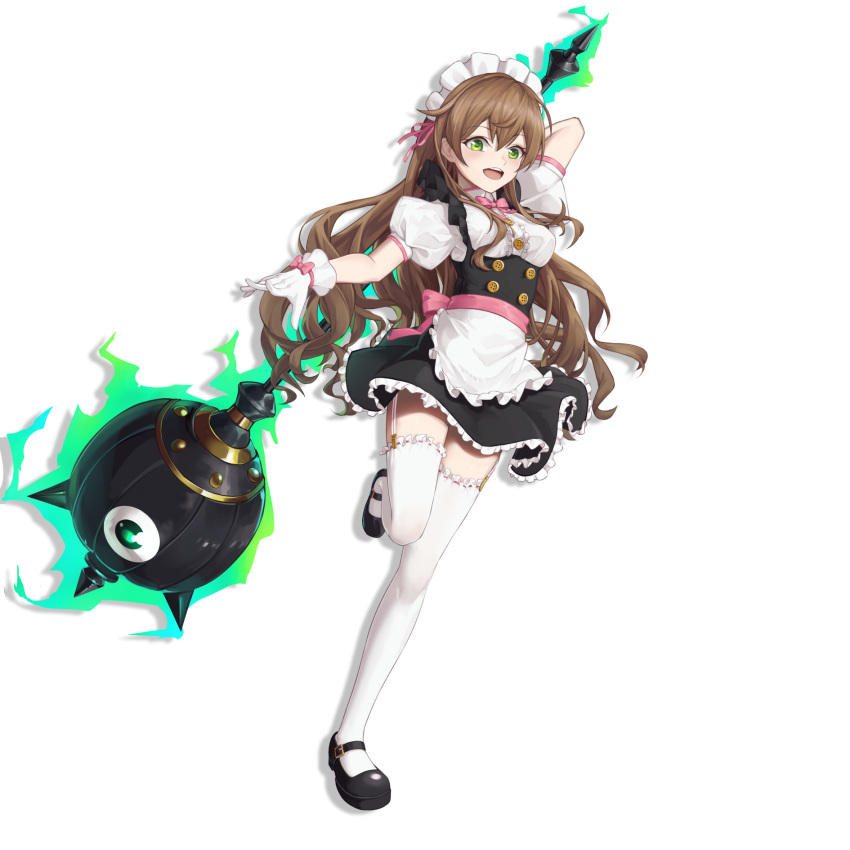 1girl alternate_costume apron arm_behind_back black_dress black_footwear blush breasts brown_hair commentary_request copyright_request dress enmaided frills full_body gloves hair_between_eyes hair_ornament hair_ribbon highres holding holding_weapon ling_huanxiang long_hair looking_at_viewer mace maid maid_apron maid_dress maid_headdress medium_breasts pink_ribbon puffy_short_sleeves puffy_sleeves ribbon shoes short_sleeves simple_background smile solo thigh-highs upper_teeth waist_apron weapon white_apron white_background white_gloves white_legwear yellow_eyes