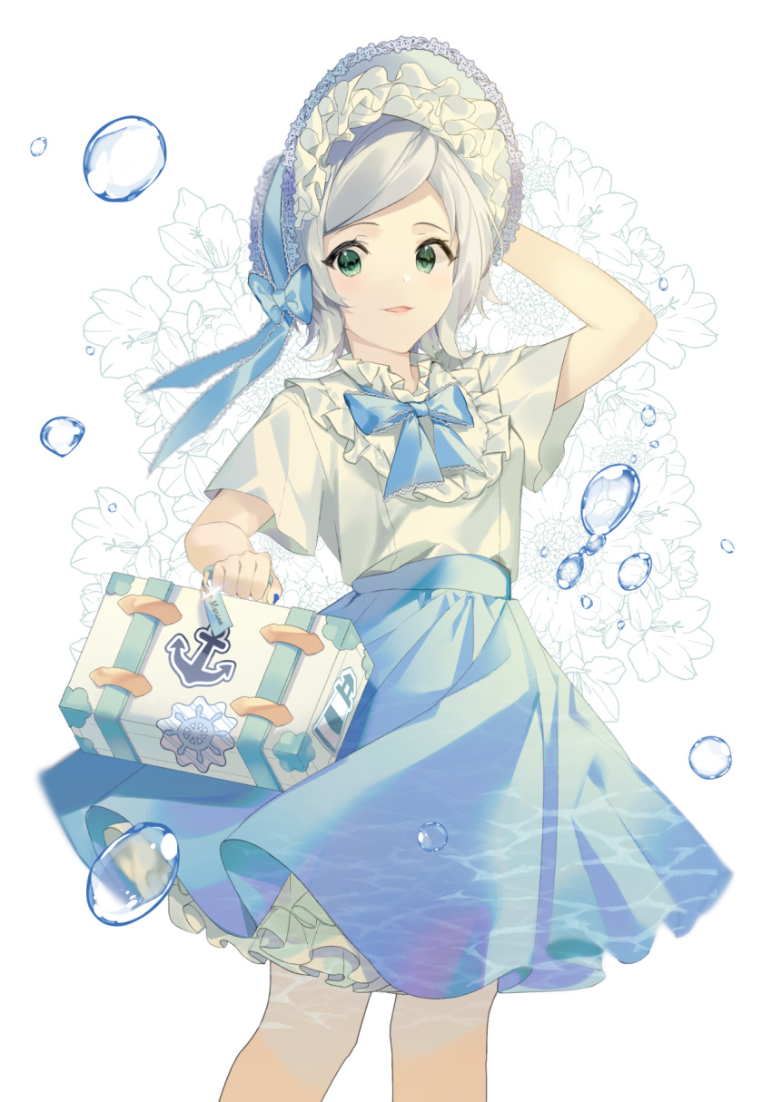 1girl air_bubble anchor_print bangs blue_bow blue_hairband blue_nails blue_ribbon blue_skirt bow brown_eyes bubble dress floral_background frills grey_hair hair_bow hairband highres holding holding_suitcase long_skirt looking_at_viewer original parted_lips ribbon short_sleeves simple_background skirt smile solo symbol_commentary white_background white_dress yuhi_(hssh_6)