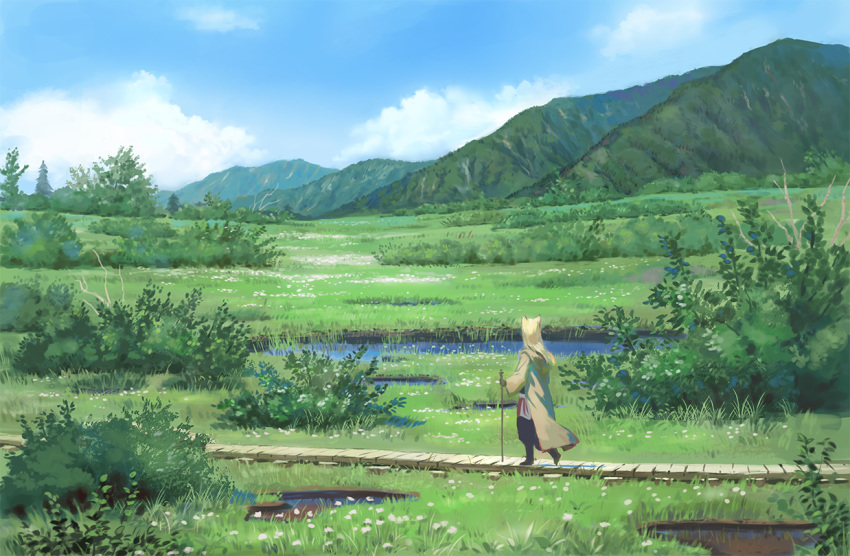 1girl animal_ears black_pants blonde_hair blue_sky brown_robe bush clip_studio_paint_(medium) clouds commentary_request day facing_away gloves grey_gloves holding hood hood_down hooded_robe long_hair long_sleeves mountain open_clothes open_robe original outdoors pants robe scenery sky solo walking wasabi60 water wide_shot wide_sleeves