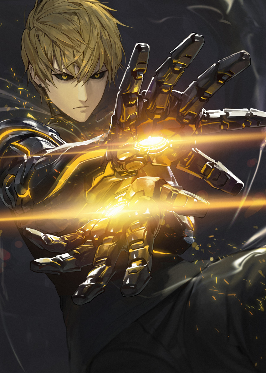 1boy absurdres bangs black_pants black_sclera blonde_hair commentary_request cyborg genos glowing grey_tank_top highres looking_at_viewer male_focus mossi one-punch_man outstretched_arms pants powering_up short_hair solo tank_top yellow_eyes