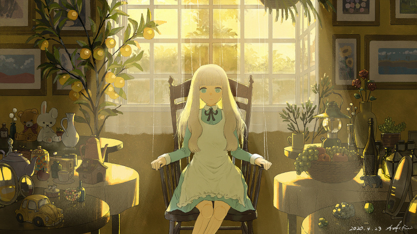 1girl ao_fujimori apple blonde_hair blue_eyes bottle chair cup curtains dated doll_joints dress flower food fruit grapes highres joints mirror original photo_(object) pinafore_dress plant sitting solo string stuffed_animal stuffed_toy toy toy_car window