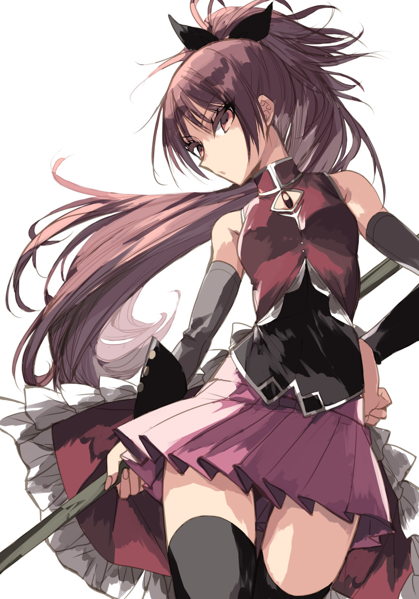 1girl absurdres black_legwear black_ribbon breasts contrapposto detached_sleeves hand_on_hip highres long_hair mahou_shoujo_madoka_magica misteor pink_eyes pink_hair polearm ponytail ribbon sakura_kyouko small_breasts solo soul_gem thigh-highs thighs weapon white_background zettai_ryouiki