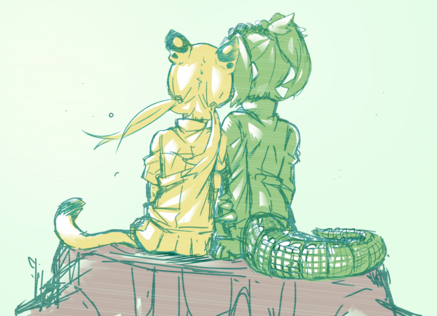 2girls animal_ears crocodilian_tail from_behind gm_(ggommu) green_background high_ponytail highres jacket kemono_friends leaning_to_the_side leopard_(kemono_friends) leopard_tail long_hair long_sleeves multiple_girls saltwater_crocodile_(kemono_friends) side-by-side simple_background sketch skirt spikes tail tree_stump twintails yuri