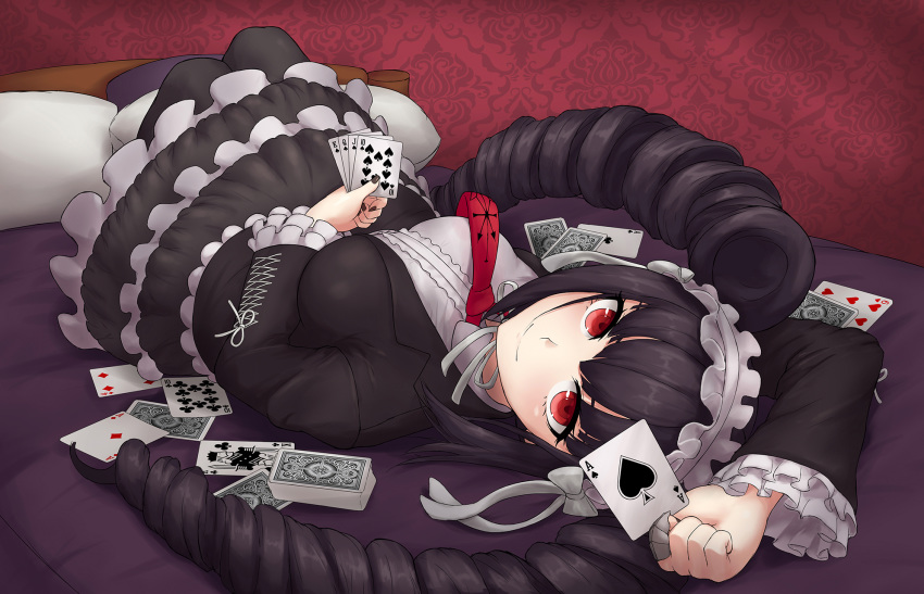 1girl bangs black_hair black_legwear black_nails blush bonnet breasts card celestia_ludenberck commentary_request dangan_ronpa dangan_ronpa_1 drill_hair frills gothic_lolita hairband highres holding jjilbabmaen large_breasts lolita_fashion long_hair long_sleeves looking_at_viewer lying nail_polish necktie on_bed pantyhose pillow playing_card red_eyes red_neckwear smile solo twin_drills twintails