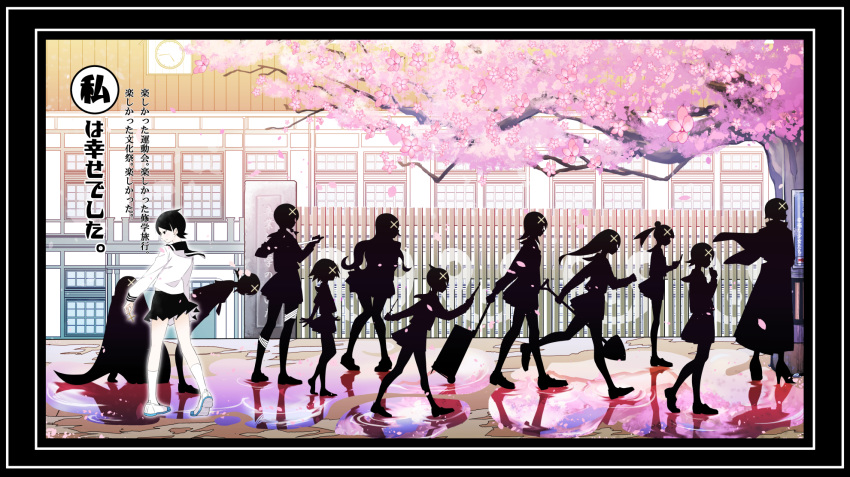 6+girls analog_clock arms_at_sides bandaged_leg bandages barefoot black_border black_sailor_collar black_skirt black_theme bob_cut border bowing braid building cellphone cherry_blossoms clock closed_mouth clothes_lift coat commentary_request cross curly_hair facing_away fence flip_phone floating_hair flower from_side fujiyoshi_harumi fuura_kafuka glasses glowing hair_ornament half-closed_eyes hand_up happy highres hitou_nami holding holding_cross holding_phone holding_shovel kaga_ai kimura_kaere kitsu_chiri knees_together_feet_apart kobushi_abiru komori_kiri latin_cross leaning leaning_forward light_smile loafers long_hair mitama_mayo multiple_girls official_style otonashi_meru outdoors pale_skin petals phone pink_flower pink_theme pleated_skirt ponytail profile reflection ripples rolling_suitcase running sailor_collar sayonara_zetsubou_sensei school sekiutsu_maria_tarou shoes short_hair shovel sign silhouette sitting skirt socks spiky_hair spoilers spring_(season) standing translation_request tree tsunetsuki_matoi very_short_hair walking water white_footwear white_legwear wide_shot wind wind_lift window woori_(jtfy3485) x_hair_ornament