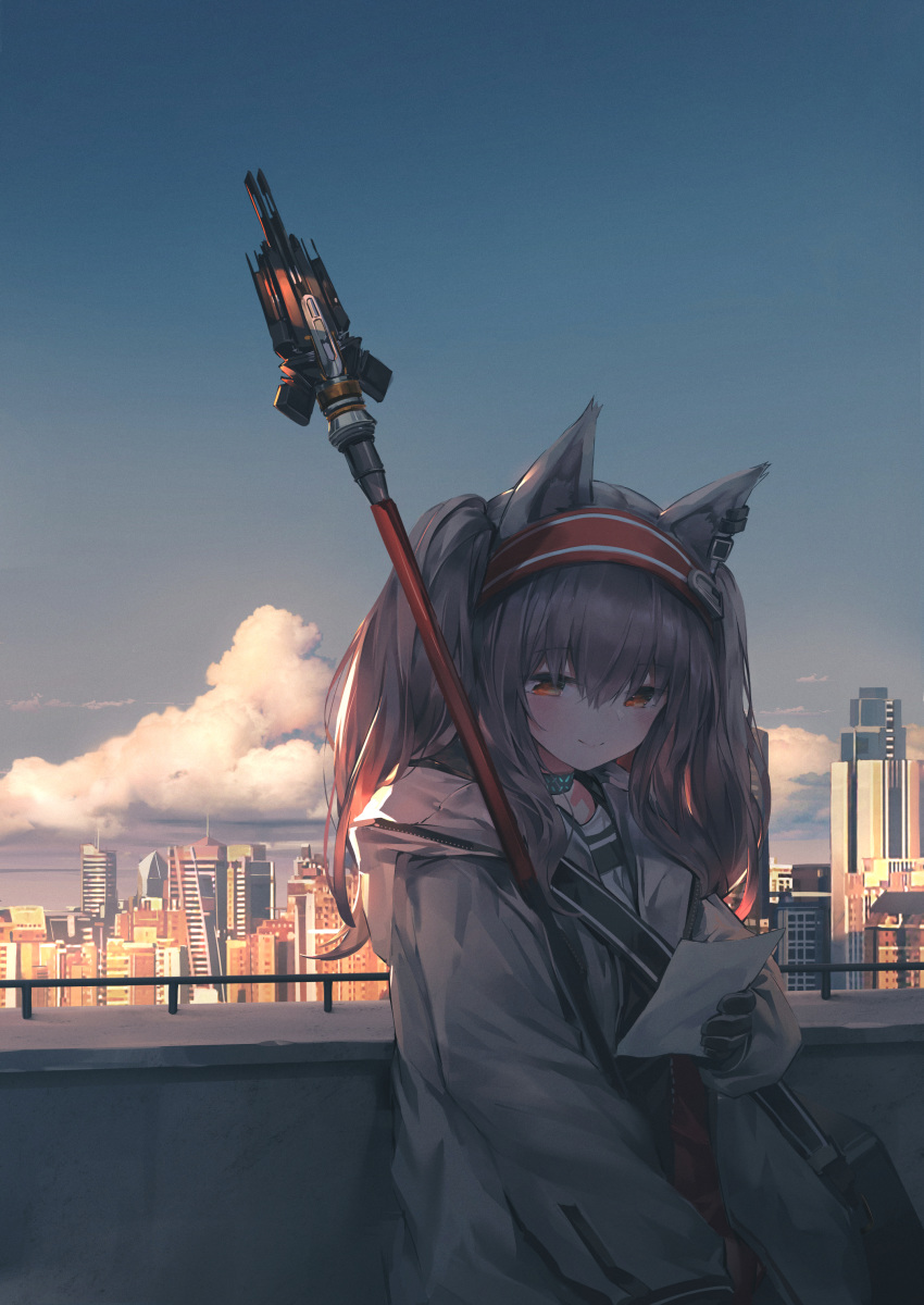 1girl absurdres angelina_(arknights) animal_ears arknights bangs black_gloves blue_sky brown_eyes brown_hair building chen_bin chinese_commentary city clouds commentary_request day fox_ears gloves grey_jacket hair_between_eyes hairband highres holding holding_paper jacket long_hair long_sleeves outdoors paper partial_commentary red_hairband sky smile solo staff upper_body