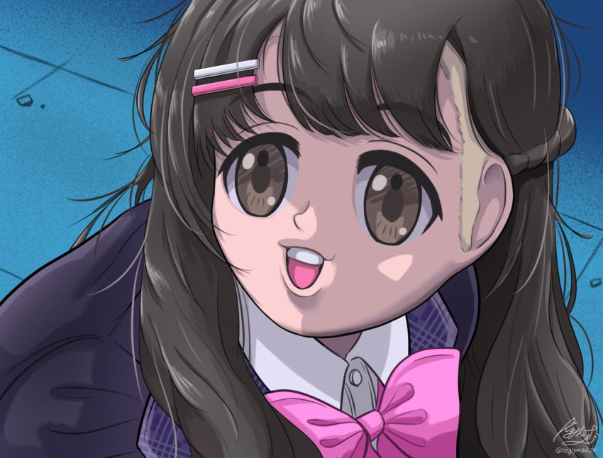 1girl :d bishoujo_senshi_sailor_moon blue_background bow bowtie brown_eyes brown_hair collared_shirt derivative_work hair_ornament hairclip highres jacket long_hair mask nazono_mito negiponzu nijisanji open_mouth pink_bow pink_neckwear purple_jacket sailor_moon_redraw_challenge school_uniform screencap_redraw shirt signature smile solo tsukino_mito twitter_username virtual_youtuber white_shirt wing_collar