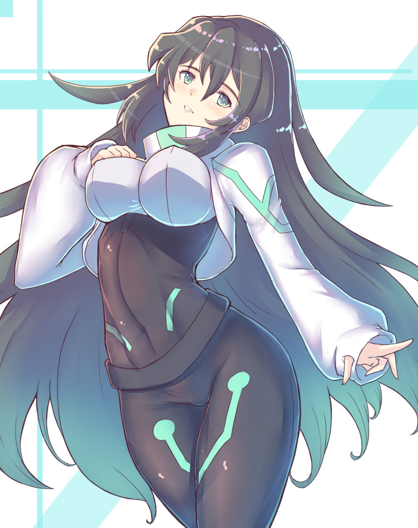 1girl bangs black_hair bouncing_breasts breasts cat_with_a_brush covered_navel crossed_legs green_eyes gundam gundam_build_divers gundam_build_divers_re:rise hair_between_eyes head_tilt highres long_hair looking_down may_(gundam_build_divers_re:rise) shrug_(clothing) sleeve_cuffs solo