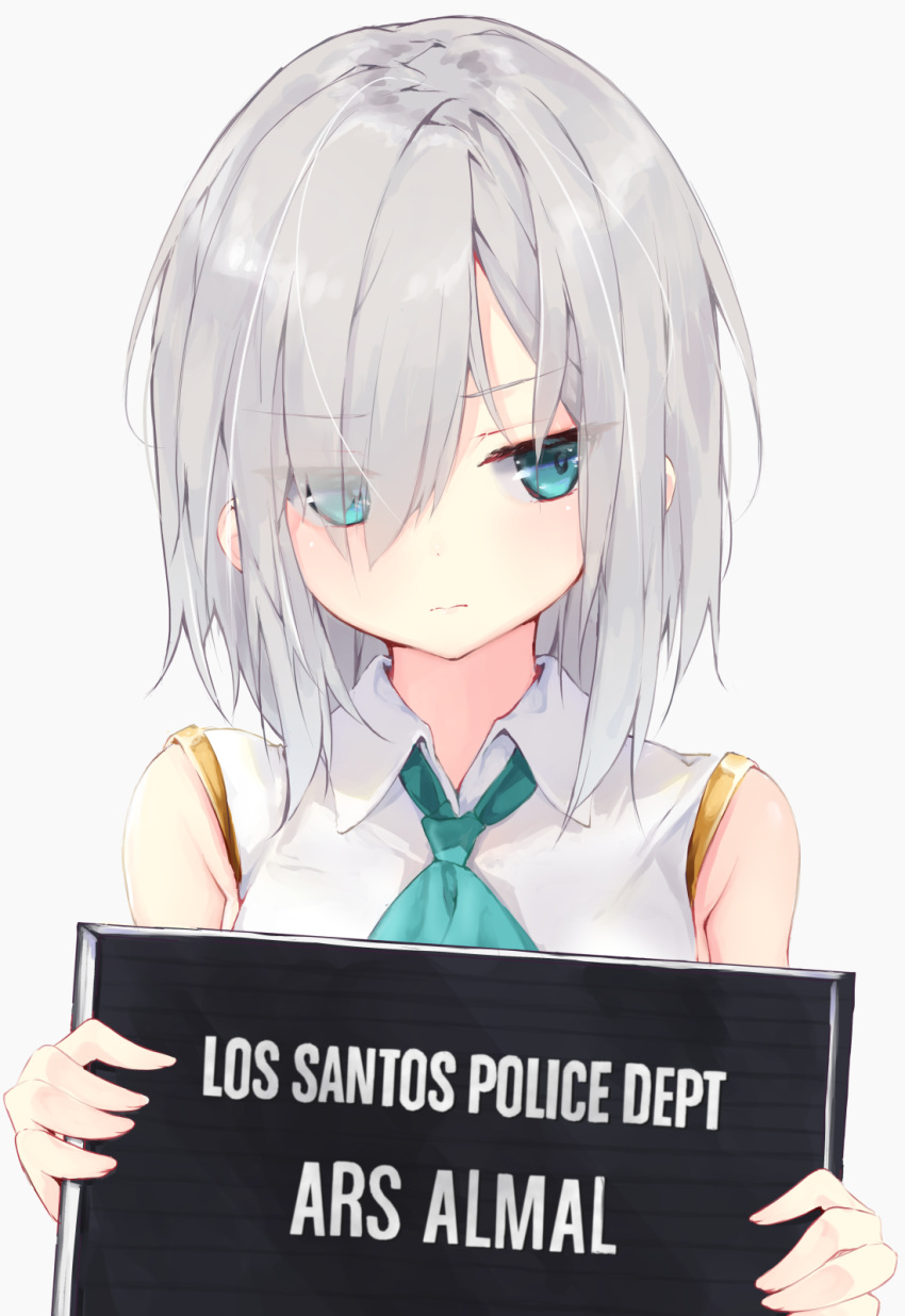 1girl aqua_eyes ars_almal bare_shoulders closed_mouth collared_shirt eyes_visible_through_hair frown gold_trim grand_theft_auto grey_hair hair_over_one_eye highres holding long_hair looking_at_viewer medium_hair necktie nijisanji poster_(object) shirt sidelocks simple_background sleeveless sleeveless_shirt solo t-bth upper_body virtual_youtuber white_background white_shirt