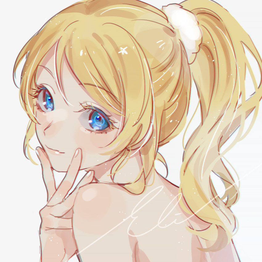 1girl ayase_eli bare_shoulders blonde_hair blue_eyes from_behind highres io_(sinking=carousel) light_smile long_hair looking_at_viewer love_live! love_live!_school_idol_project ponytail solo white_background