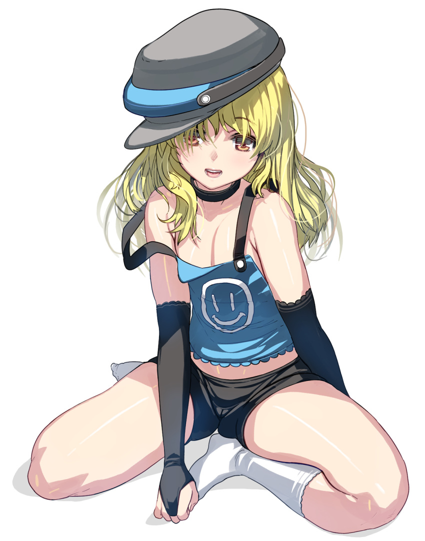 1girl bangs beret bike_shorts blonde_hair breasts bridal_gauntlets choker elbow_gloves eyebrows_visible_through_hair gloves hat highres looking_at_viewer masao open_mouth orange_eyes original photoshop_(medium) revision sitting small_breasts socks solo strap_slip white_background
