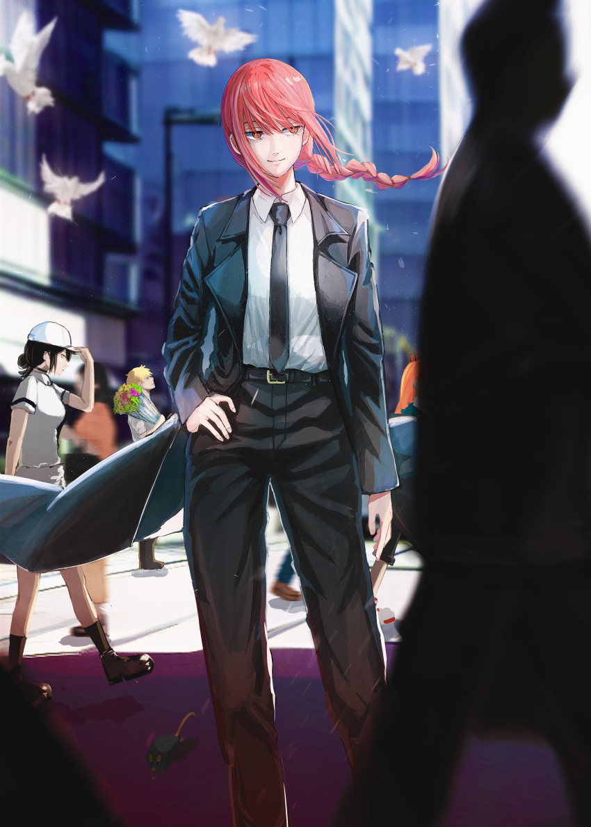 1boy 3girls absurdres adjusting_clothes adjusting_headwear baseball_cap bird black_coat black_hair black_necktie black_pants blonde_hair blurry blurry_background blurry_foreground bouquet braid chainsaw_man city coat day denji_(chainsaw_man) feet_out_of_frame hand_on_own_hip hat highres holding holding_bouquet horns long_hair looking_at_another looking_to_the_side looking_up makima_(chainsaw_man) medium_hair mouse multiple_girls necktie orange_eyes outdoors pants pigeon potetyoco power_(chainsaw_man) redhead reze_(chainsaw_man) road shirt short_hair sidelocks silhouette smile smirk standing street suit walking white_shirt