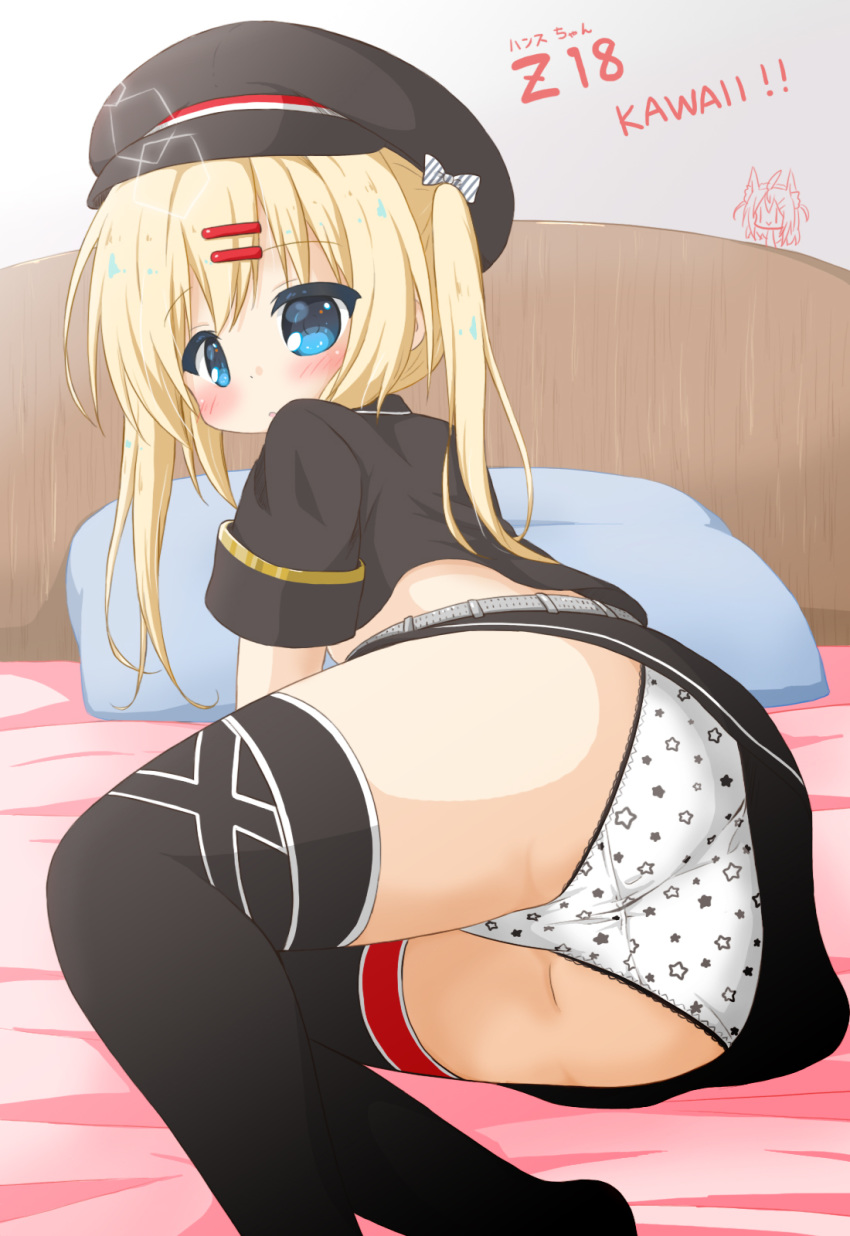 1girl :o ass azur_lane bangs bed black_headwear black_legwear black_shirt black_skirt blonde_hair blue_eyes blush cabbie_hat character_name commentary_request crop_top eyebrows_visible_through_hair feet_out_of_frame hair_ornament hairclip hat highres long_hair looking_at_viewer looking_back lying no_shoes on_bed on_side panties parted_lips pillow print_panties rinechun rinechun's_blonde_dog_girl romaji_text shirt short_sleeves skirt solo star_(symbol) star_panties star_print thigh-highs twintails underwear white_panties z18_(azur_lane)