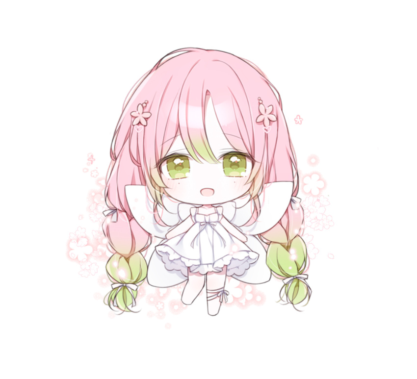 1girl :d absurdly_long_hair bangs bare_arms bare_shoulders barefoot blush bow braid chibi dress eyebrows_visible_through_hair fairy fairy_wings floral_background flower full_body gradient_hair green_eyes green_hair hair_between_eyes hair_flower hair_ornament kanroji_mitsuri kimetsu_no_yaiba long_hair looking_at_viewer low_twintails mattang mole mole_under_eye multicolored_hair open_mouth pink_flower pink_hair sleeveless sleeveless_dress smile solo twin_braids twintails very_long_hair white_background white_bow white_dress white_wings wings