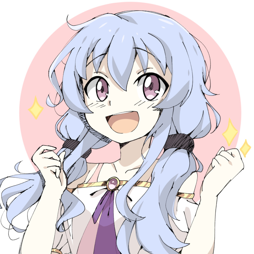 1girl artist_name beyblade beyblade:_burst blue_hair chankyone character_name highres jewelry korean_text long_hair nishiro_nya open_eyes open_mouth pink_shirt shirt short_twintails simple_background twintails violet_eyes waistcoat