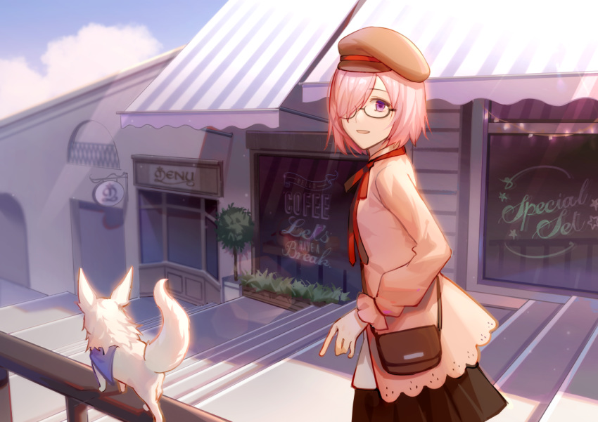 1girl alternate_breast_size bag bangs black_skirt breasts brown_bag brown_headwear coffee_shop commentary_request day fate/grand_order fate_(series) fou_(fate/grand_order) from_side glasses hair_over_one_eye jacket lavender_hair long_sleeves looking_at_viewer mash_kyrielight outdoors parted_lips pink_jacket pleated_skirt red_ribbon ribbon shirt short_hair skirt smile violet_eyes wanchong white_shirt