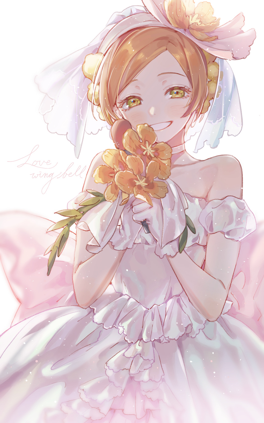 1girl absurdres bare_shoulders bouquet dress facing_viewer flower gloves green_eyes half-closed_eyes highres hoshizora_rin io_(sinking=carousel) looking_at_viewer love_live! love_live!_school_idol_project love_wing_bell microphone orange_hair short_hair smile solo white_dress white_gloves
