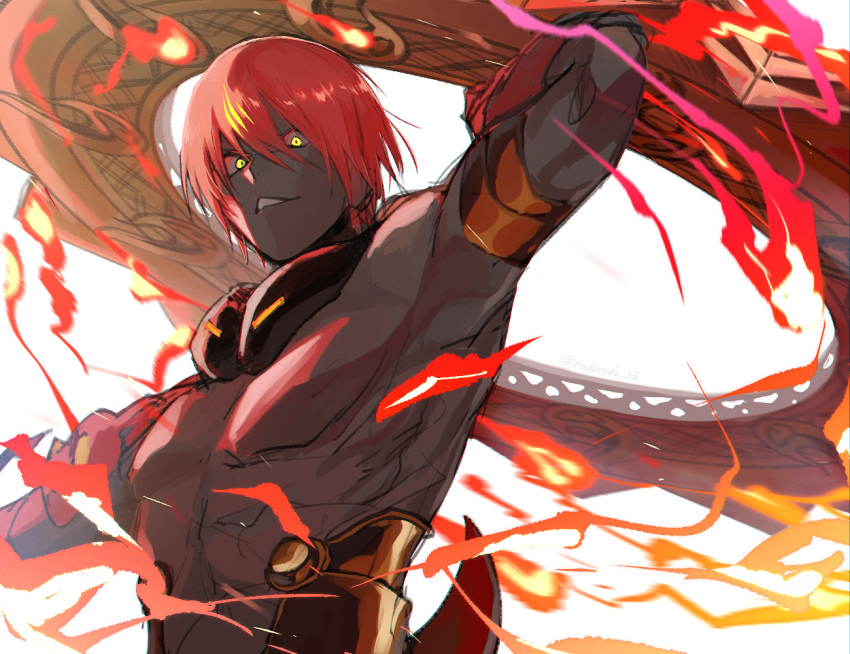 1boy abs armor ashwatthama_(fate/grand_order) bangs chest dark_skin dark_skinned_male fate/grand_order fate_(series) fire forehead_jewel glowing glowing_eyes holding huge_weapon looking_at_viewer male_focus muscle nipples redhead rozu_ki shirtless simple_background sketch solo teeth upper_body weapon wheel white_background yellow_eyes