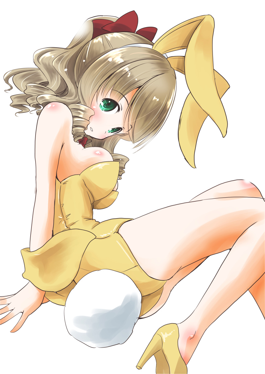 1girl absurdres animal_ears bare_legs bow bowtie breasts brown_hair bunny_tail bunnysuit commentary_request detached_collar drill_hair feet_out_of_frame green_eyes hair_between_eyes hair_ribbon hatakaze_(kantai_collection) high_heels highres kantai_collection leotard medium_breasts parted_lips ponytail rabbit_ears red_neckwear red_ribbon ribbon simple_background solo strapless strapless_leotard tail taisinkoku white_background yellow_footwear yellow_leotard