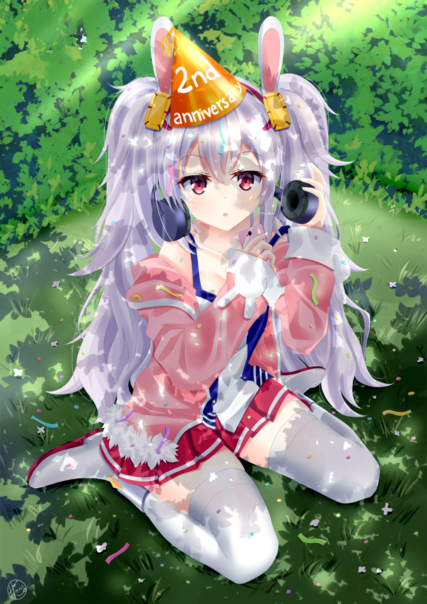 1girl :o anniversary azur_lane bangs blush bush cellphone collarbone commentary_request confetti eyebrows_visible_through_hair grass hair_between_eyes hat headgear headphones helvetica_5tandard highres holding holding_headphones holding_phone jacket laffey_(azur_lane) light_rays long_hair long_sleeves looking_at_viewer open_clothes open_jacket open_mouth party_hat phone pink_jacket pleated_skirt red_eyes red_skirt shadow shiny shiny_hair sidelocks signature silver_hair sitting skirt solo thigh-highs twintails wariza white_footwear white_legwear zettai_ryouiki