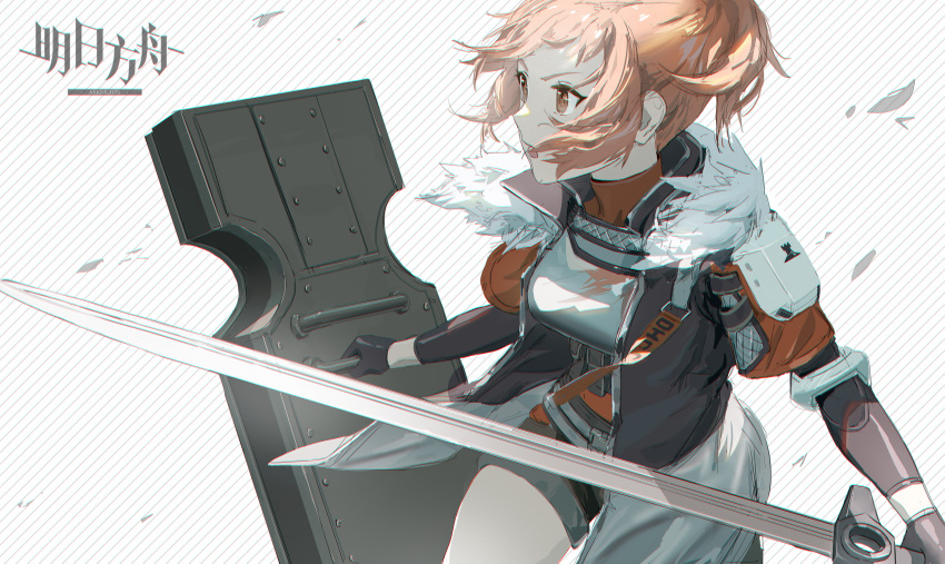 1girl arknights beagle_(arknights) black_gloves black_jacket black_shorts breasts chinese_commentary commentary copyright_name cowboy_shot fur-trimmed_jacket fur_trim gloves highres holding holding_shield holding_sword holding_weapon jacket logo medium_breasts medium_hair open_clothes open_jacket open_mouth orange_eyes orange_hair orange_jacket orange_shirt shield shirt short_shorts shorts simple_background solo strap striped striped_background sword thighs two-tone_jacket weapon white_background wind yetecong